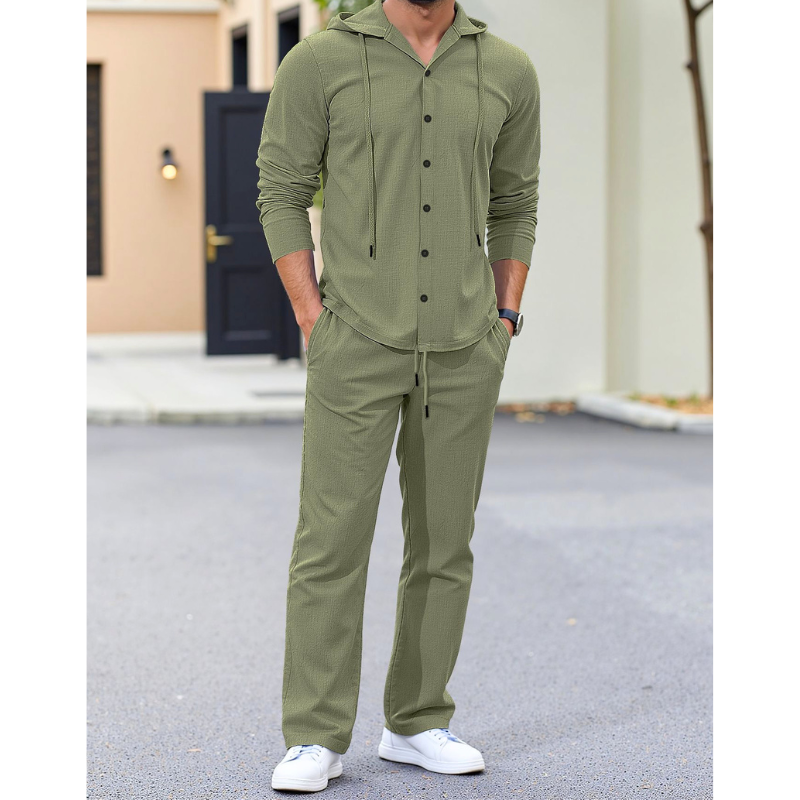 メンズ リネンセットアップ｜フード付きシャツ×イージーパンツ｜MEN'S