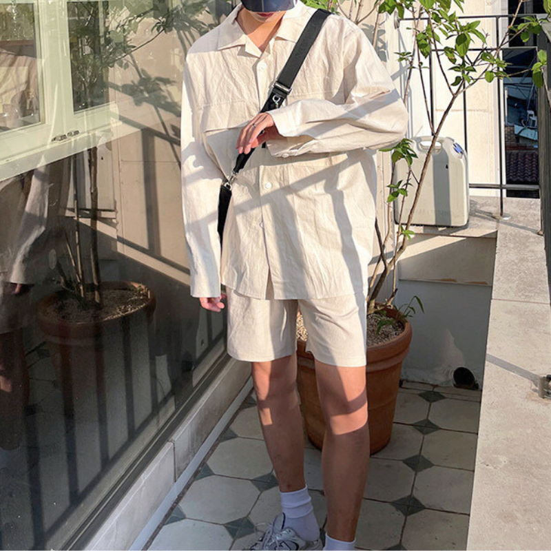 コットンナチュラルセットアップ ワークシャツ×ショートパンツ
