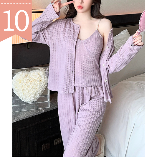 【おうちでも可愛くいたい】ワッフル生地3点セット カーデ×キャミ×ロングパンツ(胸パッド付き)