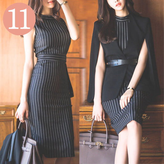 【ディナーやバーでのおめかしデート服】ピンストライプ ノースリーブワンピース&ケープ風ジャケット セット