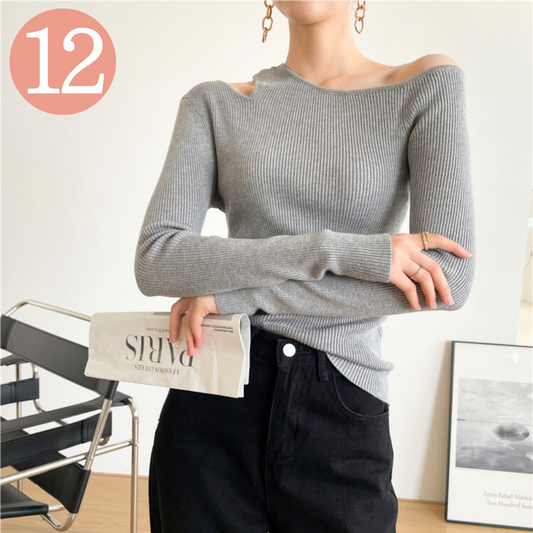 【女っぽい雰囲気に仕上がる肌見せニット】ワンショルダー×カットアウトリブニットトップス