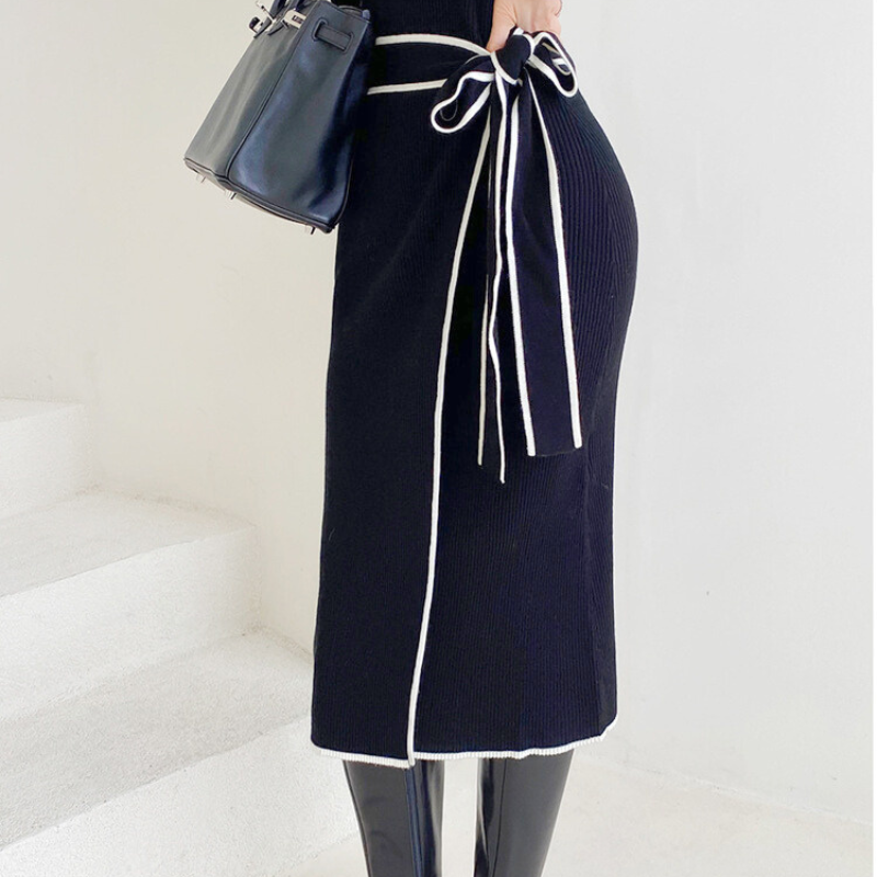 【ちらっと肌見せワンピでイイオンナっぽ】肩あき配色パイピングニットタイトワンピース