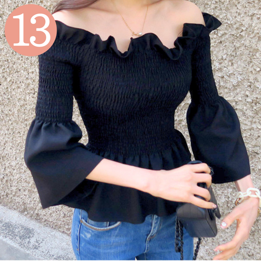 【ちょい甘で男心ゴコロをくすぐる】フリルオフショル スモッキングランタンスリーブブラウス