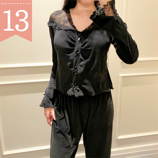 【透け感レースで大人の色香】透けレースベロアルームウェア上下セット(胸パッド付き)