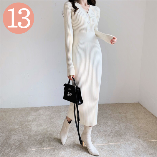 アイボリー S / Lサイズ当日発送可【シンプルに美シルエット映え】前ボタンVネック タイトリブニットワンピース