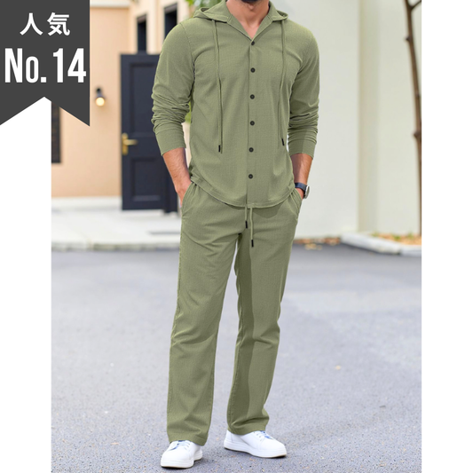 リネンフード付きシャツ×イージーパンツセットアップ