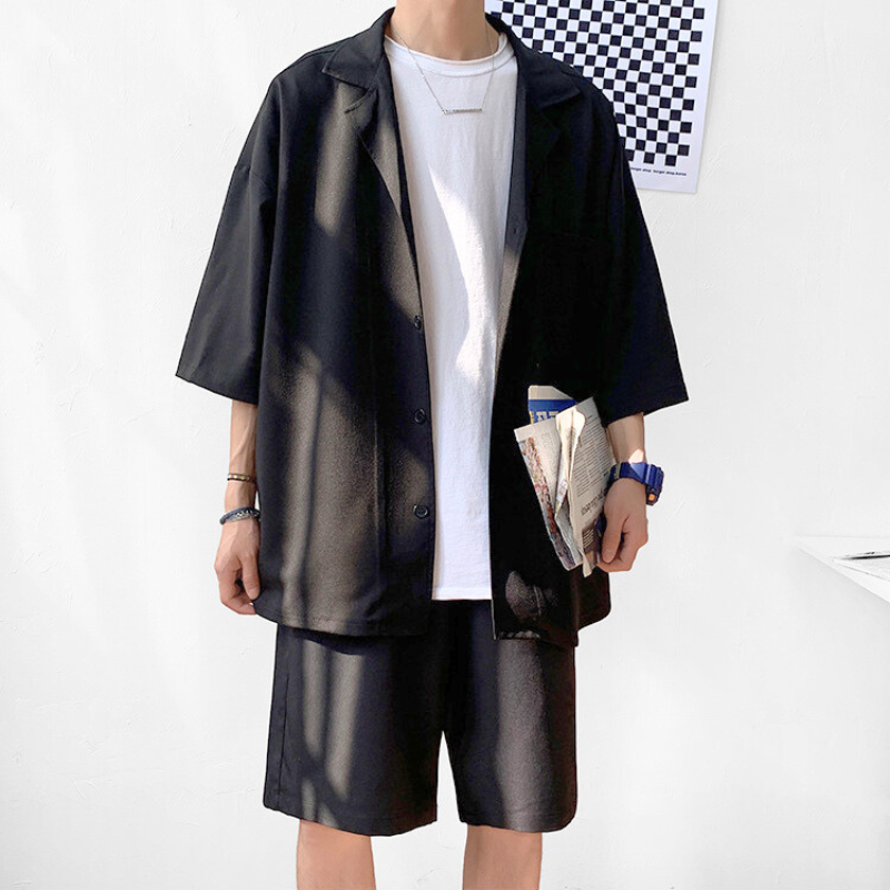 涼感オーバーシャツセットアップ 半袖シャツ×ハーフパンツ
