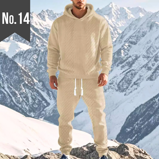 ホワイト L 当日発送可【暖かみ×立体感で洒落見え】幾何ジャカードフードセットアップ 長袖プルオーバー×テーパードパンツ