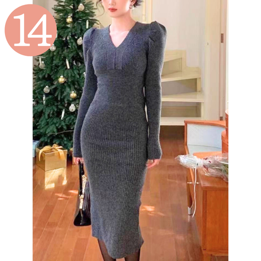 【美シルエットに彼も釘付けに…♡】Vネックパフスリーブリブニットタイトワンピース