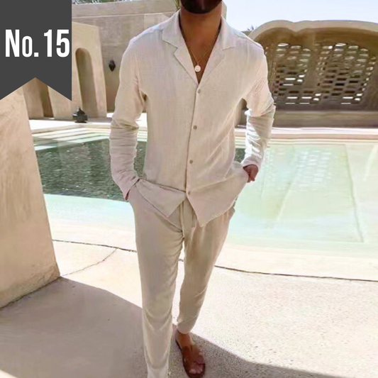 【大人の色気を醸すナチュラルセット】コットン長袖セットアップ 開襟シャツ×ロングパンツ