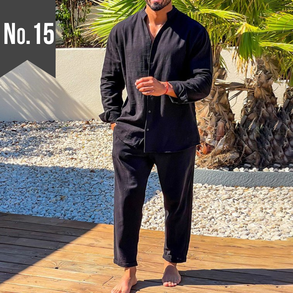 30代メンズ必見】スタンドカラーリネンセットアップ｜涼しげ×上品な