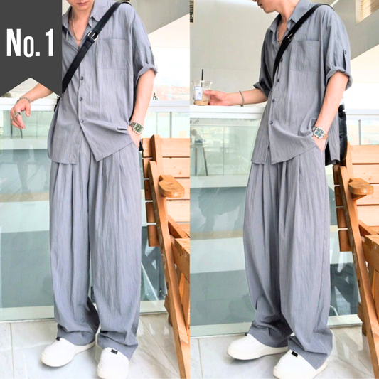 【人気 No.1 夏セットアップ】リネン風ワイドシルエットセットアップ 半袖シャツ×ロングパンツ