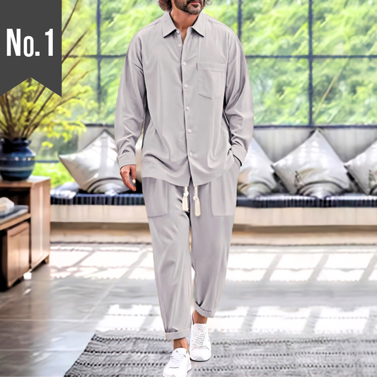 【男らしく品よくカッコよくキマる】コットンリネン カジュアル長袖上下セットアップ