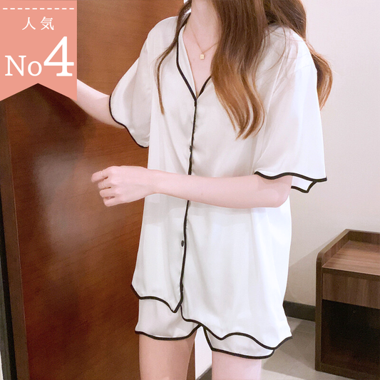 Lサイズ 当日発送可【人気No.1ルームウェア!】シルク調Vネックパイピングショートパンツセット