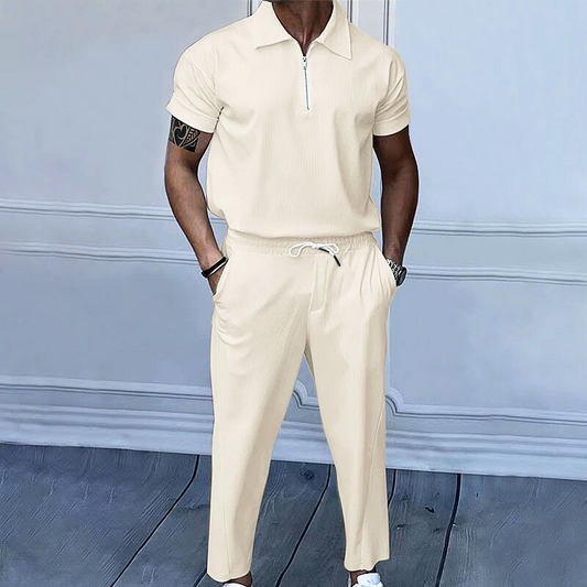 ジッパー半袖ポロシャツ×ジョガーパンツ ジャージ上下セットアップ