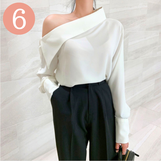 【ワンショルでグッと美人に】ワンショルダー ボタンデザイン ブラウス