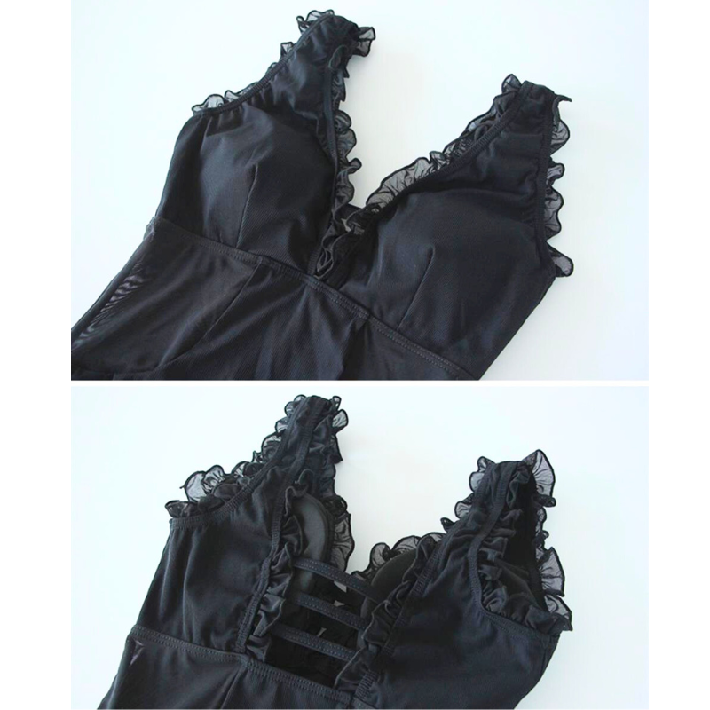 【男ウケ水着】Vネックフリルサイドメッシュバックオープン黒モノキニ | エロい格好・男モテ水着・セクシーな水着姿におすすめ