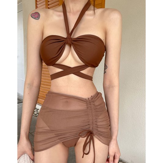 【男ウケ水着】3点セット:ホルターフロントクロス下胸見せアンダーブーブブラジリアンビキニ| エロい格好・男モテ水着・セクシーな水着姿におすすめ