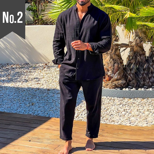 【大人の余裕を感じるセット】リネンセットアップ スタンドカラー長袖シャツ×9分丈パンツ