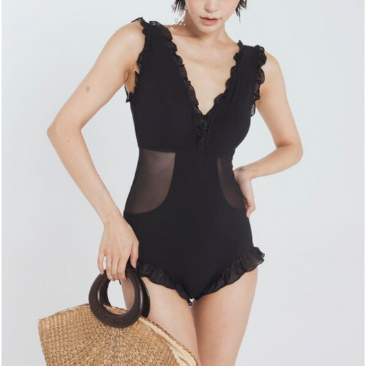 【男ウケ水着】Vネックフリルサイドメッシュバックオープン黒モノキニ | エロい格好・男モテ水着・セクシーな水着姿におすすめ