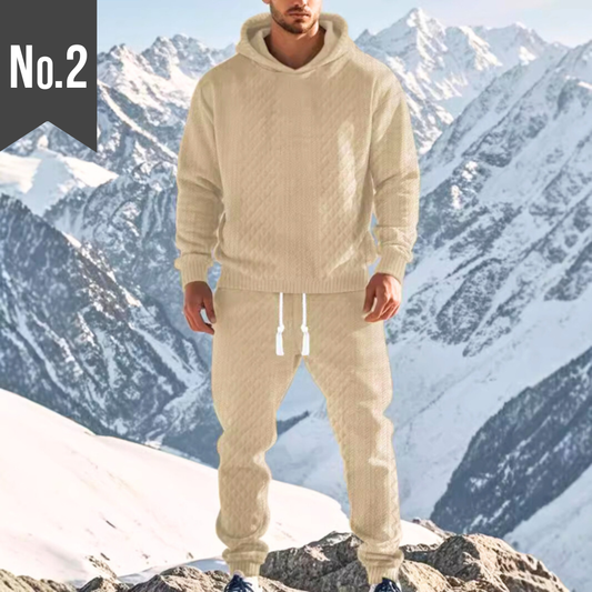 ホワイト L 当日発送可【暖かみ×立体感で洒落見え】幾何ジャカードフードセットアップ 長袖プルオーバー×テーパードパンツ