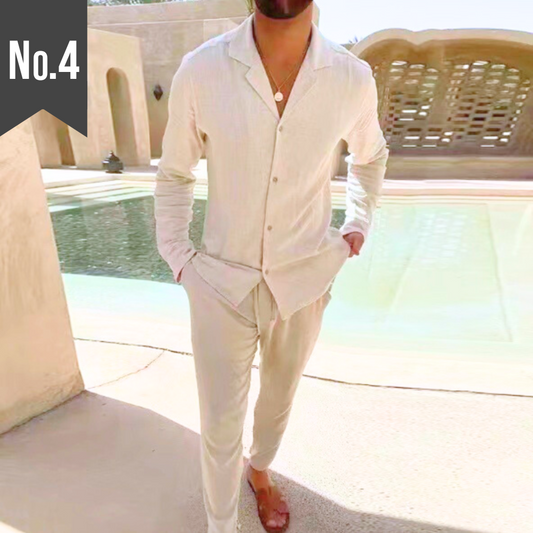 【大人の色気を醸すナチュラルセット】コットン長袖セットアップ 開襟シャツ×ロングパンツ