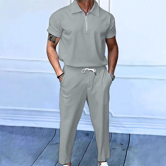 ジッパー半袖ポロシャツ×ジョガーパンツ ジャージ上下セットアップ