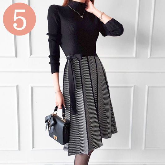 S、Mサイズ当日発送可【王道の清楚系】ハイネックプリーツフレアニットワンピース