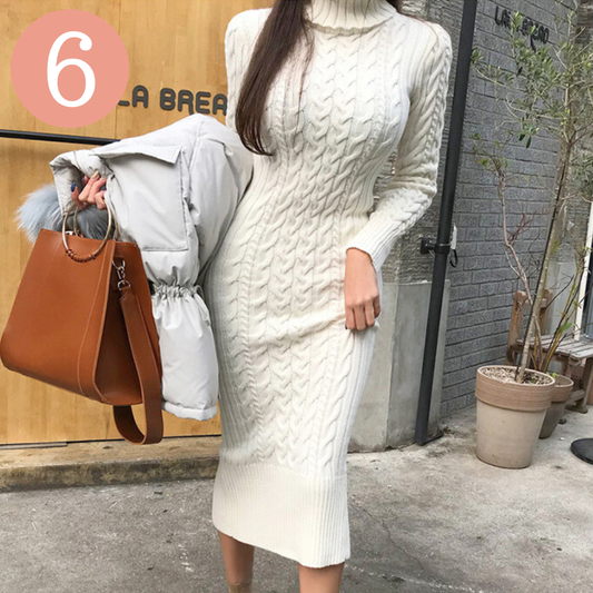 【デートに連れて行きたくなる!】タートルネックケーブル編みタイトニットワンピース