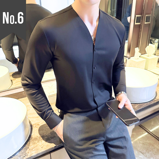 【スマートな男らしさが手に入る1枚】ノーカラー美シルエット長袖シャツ