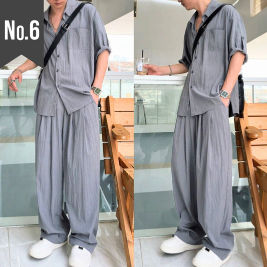【人気 No.1 夏セットアップ】リネン風ワイドシルエットセットアップ 半袖シャツ×ロングパンツ