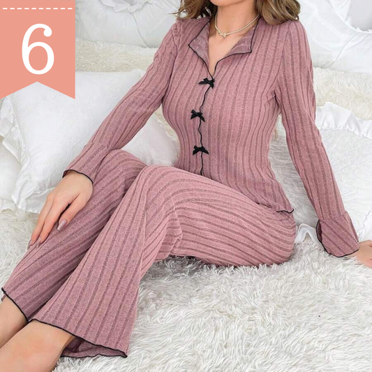 ピンク L 当日発送可【あったか裏起毛で冬でも可愛い】とろふわ裏起毛リブニット風ルームウェア上下セット 長袖トップス×ロングパンツ<アウトレットあり>