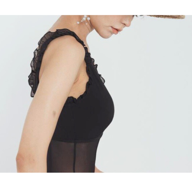 【男ウケ水着】Vネックフリルサイドメッシュバックオープン黒モノキニ | エロい格好・男モテ水着・セクシーな水着姿におすすめ