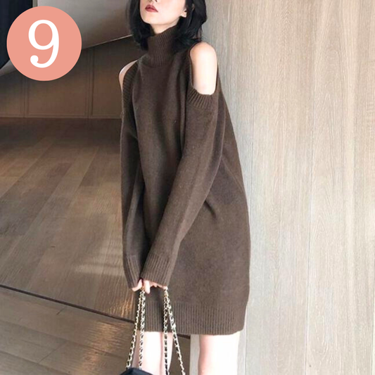 【さりげない肌見せで女っぽさを♡】ショルダーカットアウトタートルミニニットワンピース