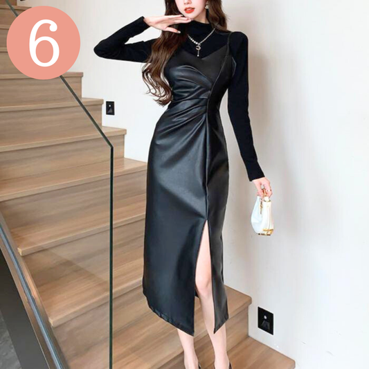 Sサイズ当日発送可【甘辛コーデが即完成!】フェイクレザーキャミワンピース&タートルネックカットソーセット