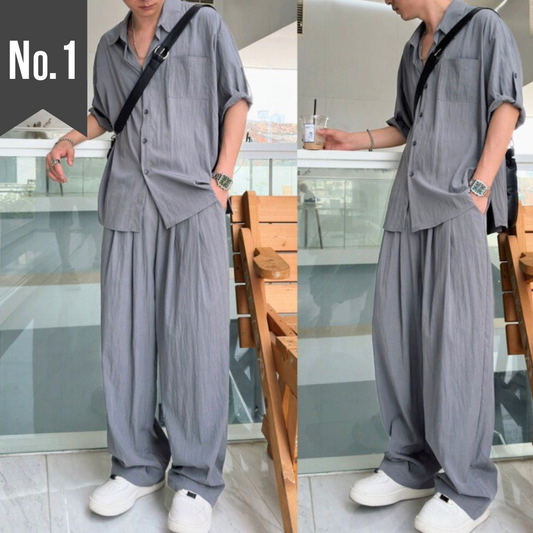 グレーカラーのセットアップを着こなす男性(正面とサイド姿)