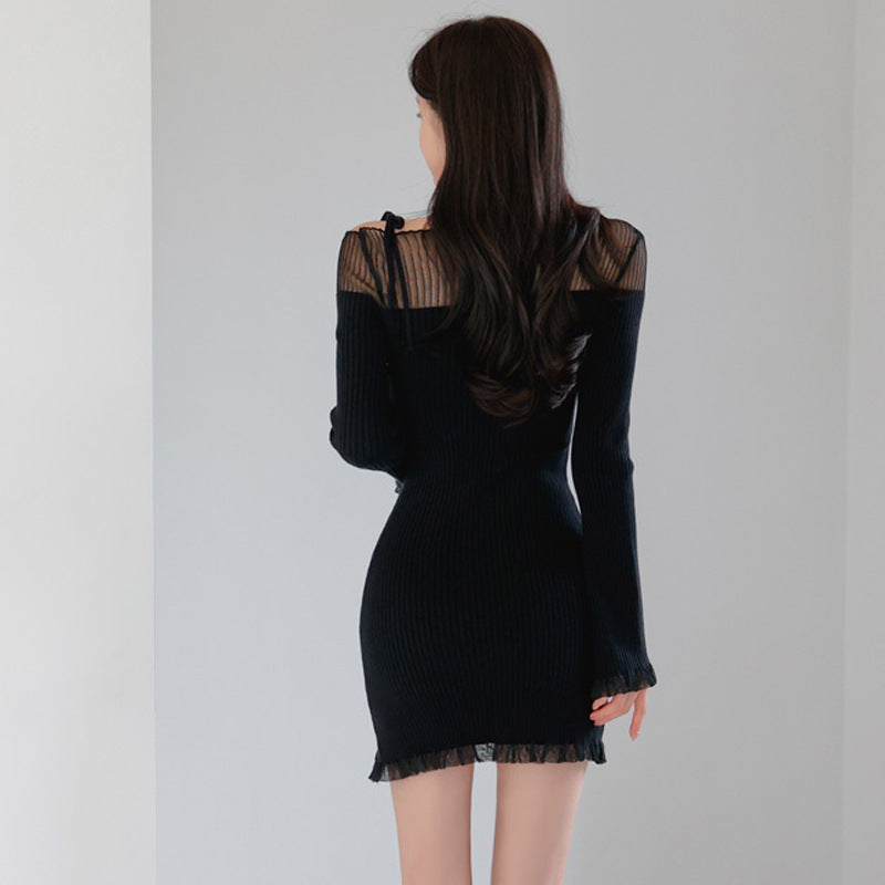 【男ウケ服】春秋冬デート服:デコルテシースルーシアーフリルリブニットミニ丈タイトワンピース| 体のラインが出る・肌見せできるモテ服を探す大人女子におすすめ