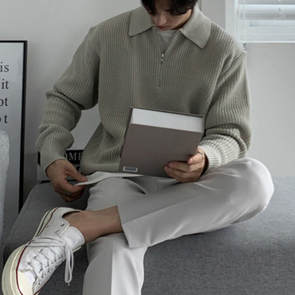【メンズ】秋冬のトップス: ニットセーター リブ編みハーフジップ | 20代30代40代におすすめ