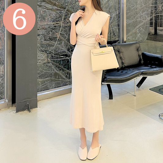 男ウケ服の売上ランキング2位のカシュクールVネックフレンチスリーブ清楚系ワンピース