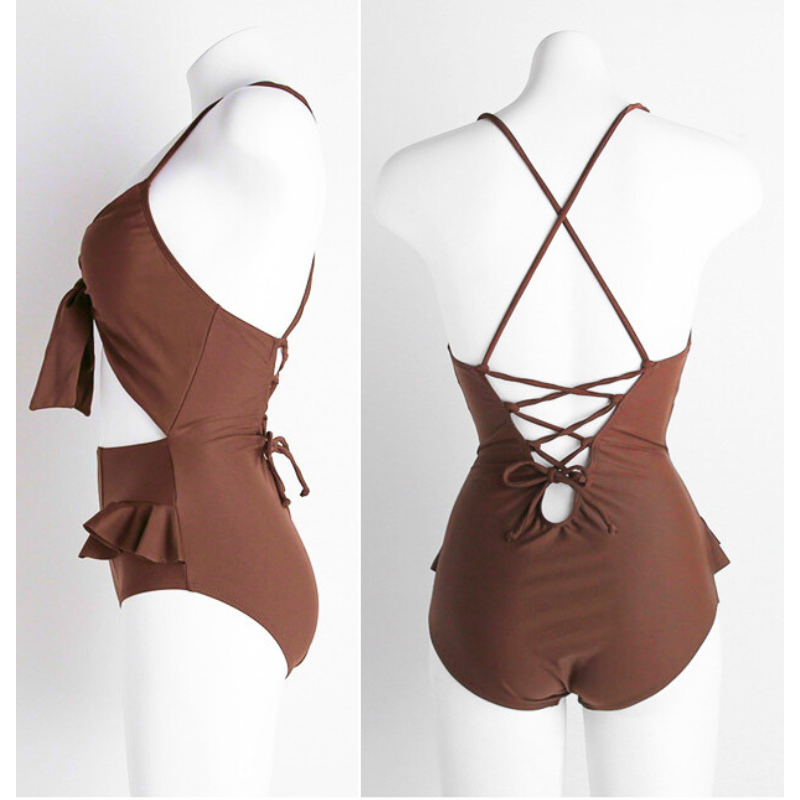 背中レースアップ仕様でフリル付きボトムが可愛いモノキニ風ワンピース水着単品