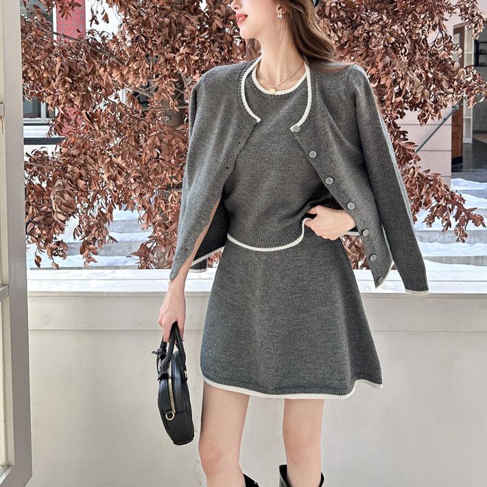 バイカラーデザインのカーディガン(グレー)