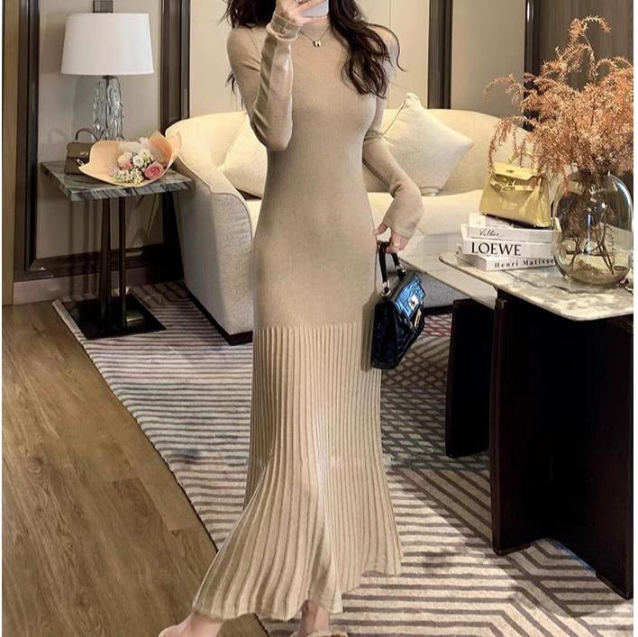 シアースリーブマーメイドニットワンピース(ベージュ)