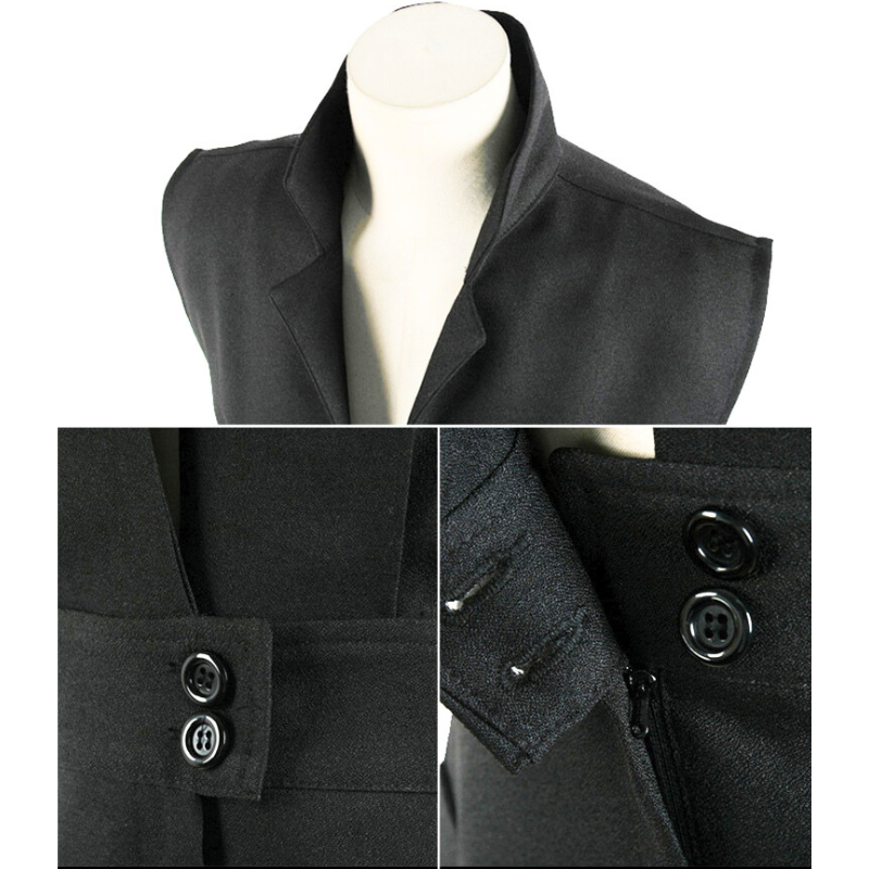 ブラックドレスの縫製・ボタンのディテールクローズアップ