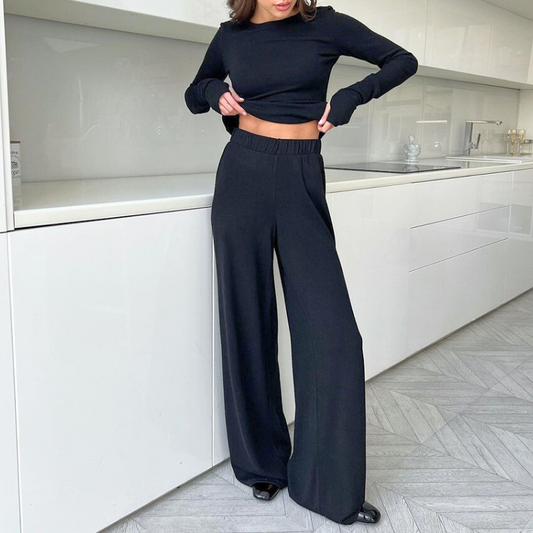 ブラック長袖ルームウェアセットアップ 全身コーデ