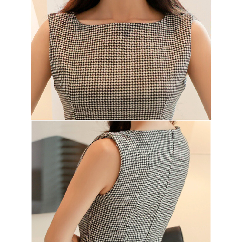 ワンピースのボートネック部分とバックファスナーのクローズアップ