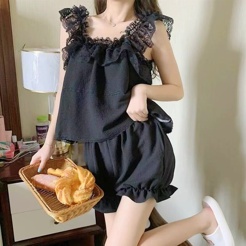 クレープレースフリルノースリーブ×ショートパンツセット