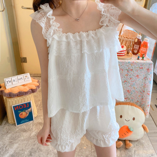 クレープレースフリルノースリーブ×ショートパンツセット