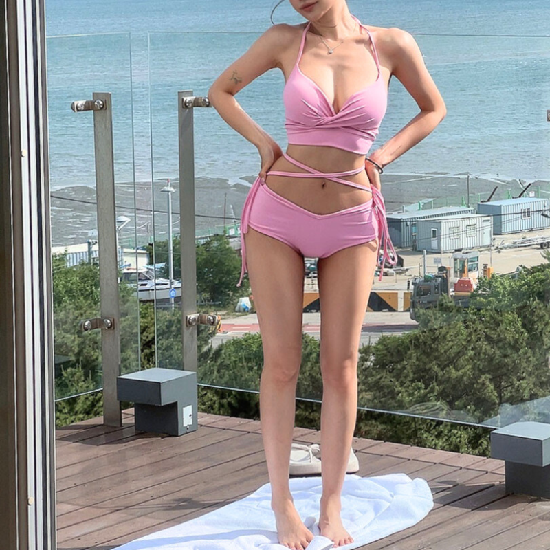 クロスリボンカシュクールビキニ ピンク 正面全身|可愛い 大人女子 海水浴