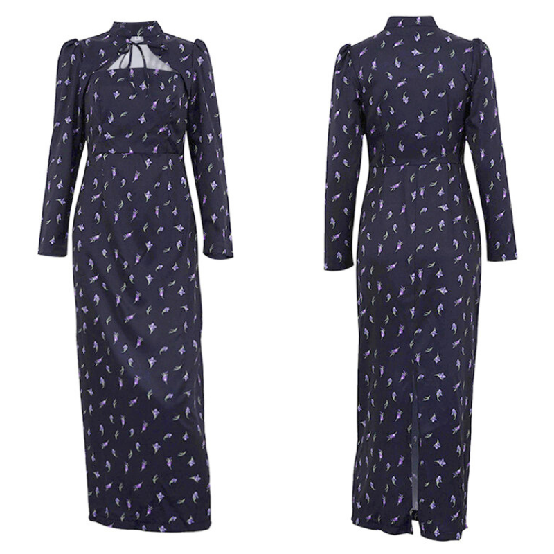 花柄カットアウトロングワンピースの前後デザイン(平置き)