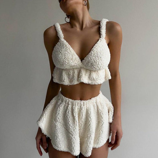 ふんわりボア素材のキャミトップス×ショートパンツ ルームウェア レディース